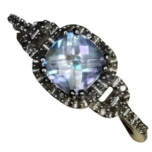 10K White Gold W/Blue Mystic Topaz Diamond Accent Halo Women's Ring